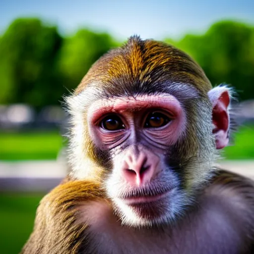 Image similar to high quality portrait of a monkey in front of eiffel tower, studio photograph, photograph, realistic photo, 8k photo, 4k photo, stock photo, high resolution, cinematic shot, high detail