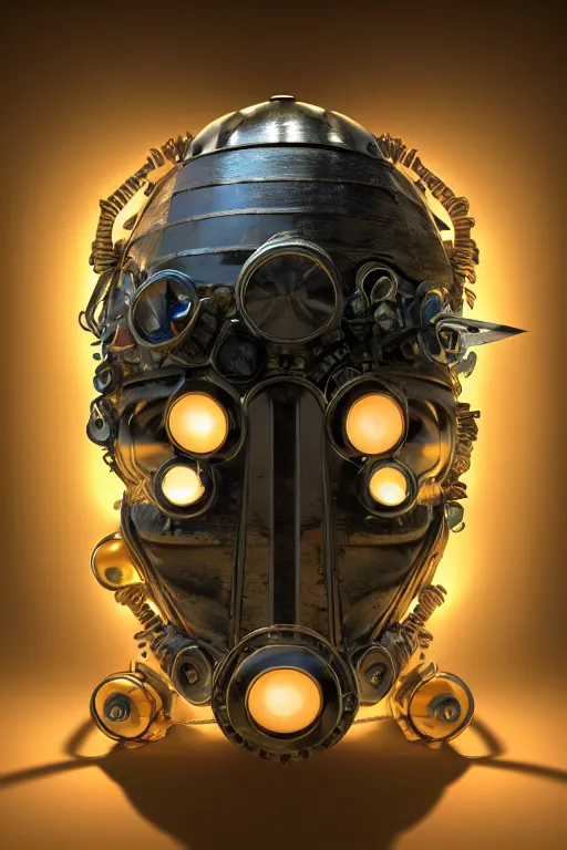 Image similar to steampunk mask minimalist fantasy art robot ninja helmet, global illumination ray tracing hdr fanart arstation by sung choi and eric pfeiffer and gabriel garza and casper konefal radiating a glowing aura