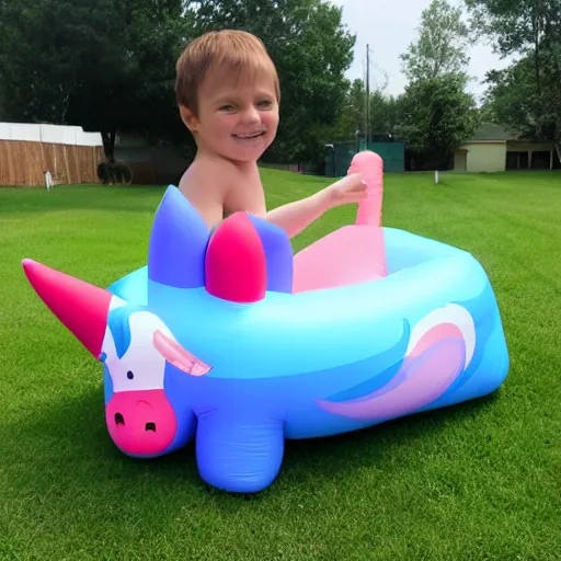 Prompt: success boy riding a unicorn pool float