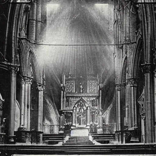 Image similar to an early photograph of a steampunk cathedral with god rays from the 19th century