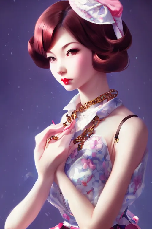 Image similar to a pin up and beautiful fashion charming dreamlke japan girl with lv jewelry, character art, art by artgerm lau and wlop and and ilya kuvshinov and john singer sargent, hyperdetailed, 8 k realistic, symmetrical, frostbite 3 engine, cryengine, dof, trending on artstation, digital art