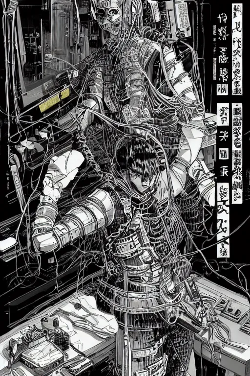 Image similar to beautiful hyperdetailed cyberpunk anime illustration of a male samurai lying in the lab with wires and cables coming out of his head and back, by moebius, masamune shirow and katsuhiro otomo