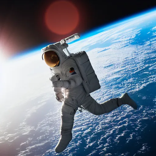 Prompt: photograph of an astronaut in space, singular light source from below, earth only visible below, full body photo, amazing light and shadow contrast, 8 k