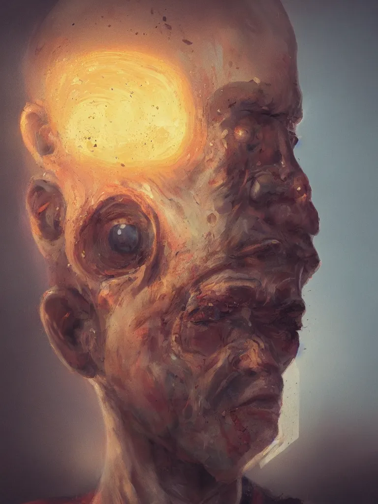 Prompt: a portrait of a man whose head explodes in a painting from stalenhag, 4 k, 8 k, hdr, artstation, concept art