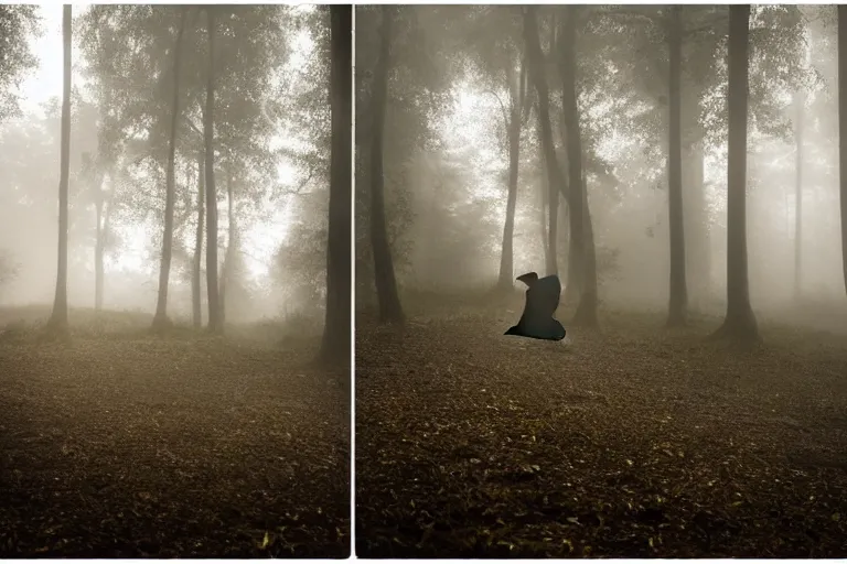 Image similar to hooded knight in a cape and shiny armour meditating in a foggy forest at dusk by a river professional photography, elegant, highly detailed, sharp focus