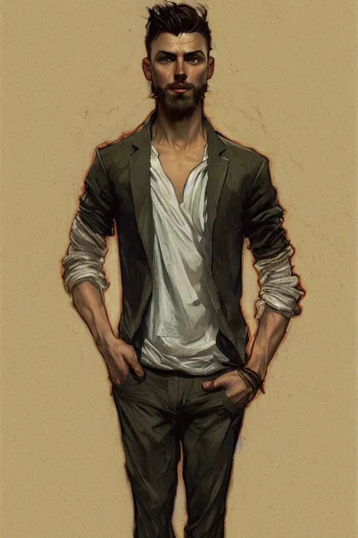 Image similar to full body portrait of a single beautiful young fit man, modern haircut, open shirt, large pants, bare feet, by greg rutkowski and alphonse mucha, d & d character, in front of a modern room background, highly detailed portrait, digital painting, artstation, concept art, smooth, sharp focus ilustration, artstation hq