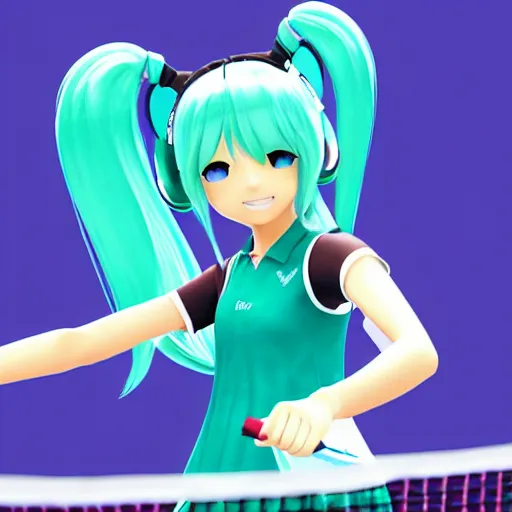 Prompt: photo of hatsune miku in real world playing tennis