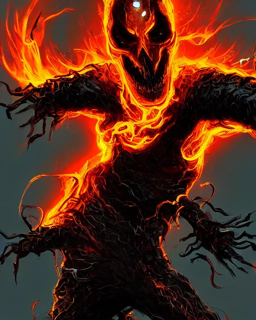 Prompt: ghost rider symbiote, dynamic lighting, fantasy concept art, trending on art station, stunning visuals, creative, cinematic, ultra detailed, comic strip style