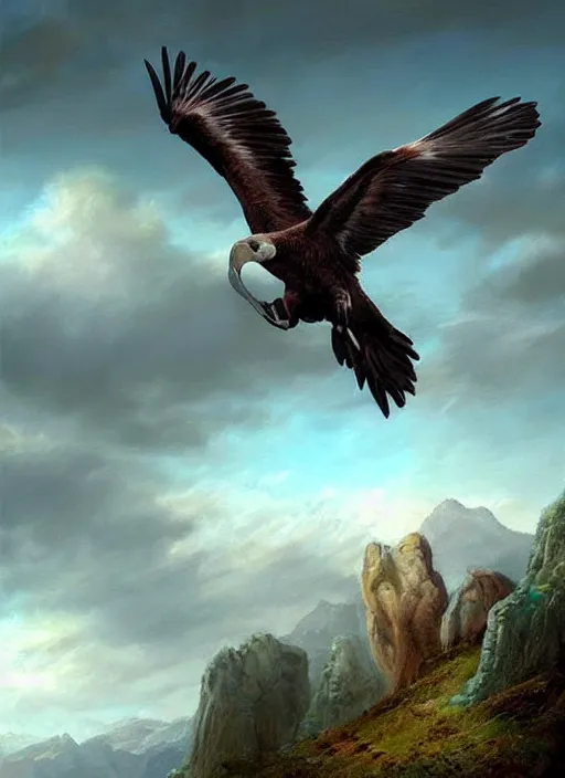 Prompt: a realistic painting of a condor in a cloudy sky, highly detailed, matte painting, fantasy art, beautiful landscape