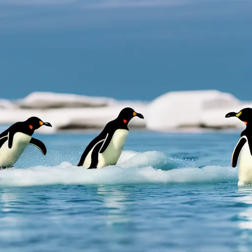 Prompt: an angry team of penguins riding surfboards on the sun