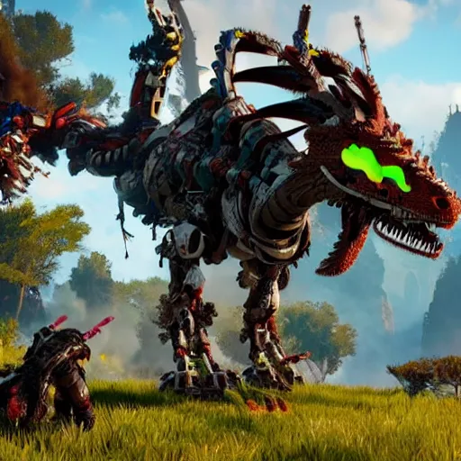 Prompt: cinematic still of horizon zero dawn, si - fi robotic dragon, highly detailed