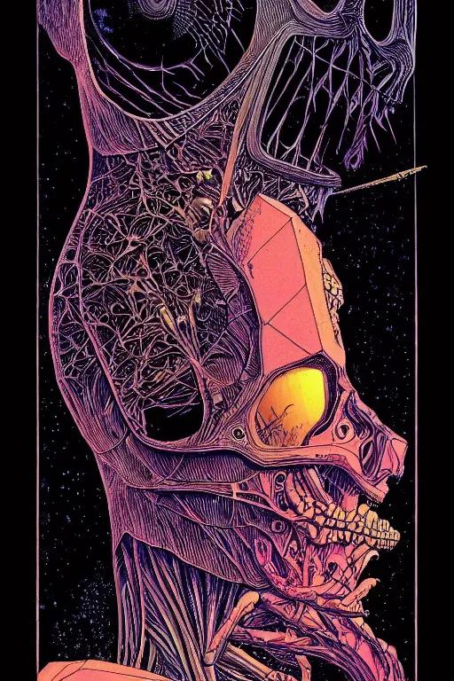 Image similar to portrait of black and psychedelic grainshading print by moebius, richard corben, wayne barlowe, cyberpunk comic cover art, psychedelic triangular skeleton, very intricate, thick outline, full body, symmetrical face, long black crown, in a shapes background, galactic dark colors