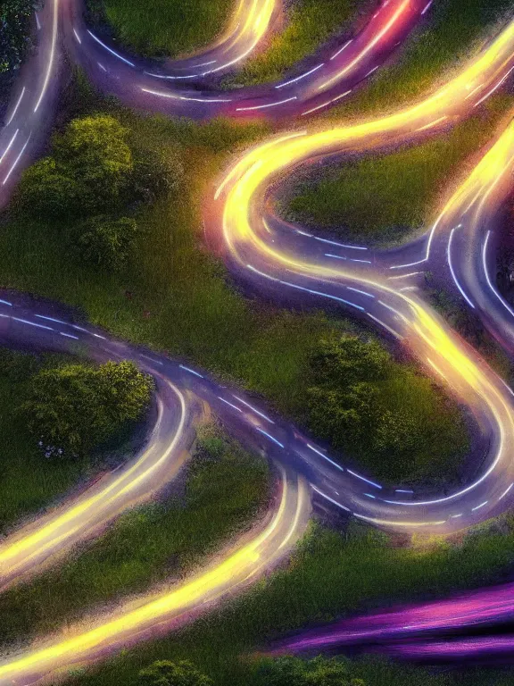 Prompt: photo of 8k ultra realistic beautiful winding road, small town, hills, pylons, heavy rain, full of colour, cinematic lighting, battered, trending on artstation, 4k, hyperrealistic, focused, extreme details,unreal engine 5, cinematic, masterpiece, art by studio ghibli