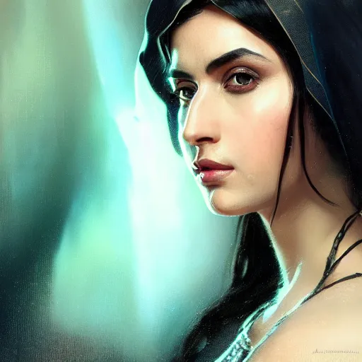 Image similar to a Photorealistic dramatic hyperrealistic render of greek arab ameera al taweel, blue eyes, wavy black hair, white veil,by WLOP,Artgerm,Greg Rutkowski,Alphonse Mucha, Beautiful dynamic dramatic dark moody lighting,shadows,cinematic atmosphere,Artstation,concept design art,Octane render,8K