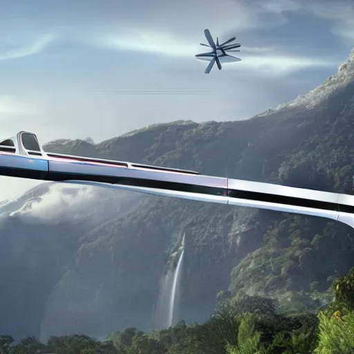 Image similar to futuristic designs for a monorail with helicopter blades. design. utopia. future. eco friendly