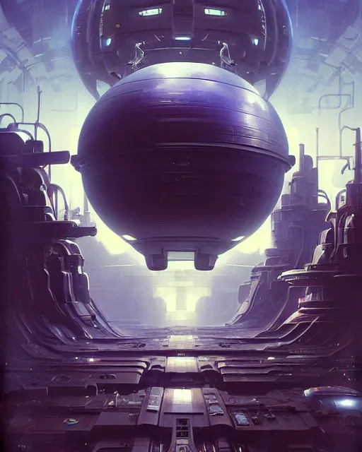 Prompt: Full shot of a spaceship defined factory features, intricate abstract. Fusion reactor spheres. cyberpunk, symmetrical design features. By Richard Corben By Ruan Jia and Artgerm and Range Murata and WLOP and Ross Tran and William-Adolphe Bouguereau and Beeple. Key Art. Fantasy Illustration. award winning, Artstation, intricate details, realistic, Hyperdetailed, 8k resolution.