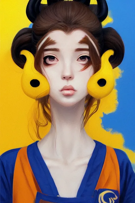 Image similar to girl with brown hair, short horns, long animal ears, a yellow t - shirt and blue overalls, geisha art portrait, illustration by ross tran, bo chen, toni infante, rebecca oborn, michael whelan, trending on artstation cgsociety hq