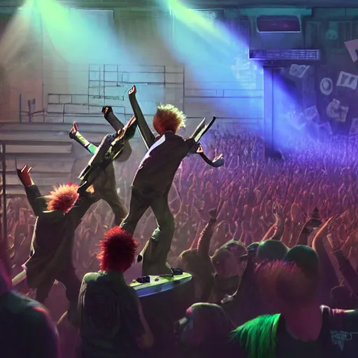 Image similar to 4 punks in school uniform with mohawks stand on stage with guitars and drums and microphones and yell day, foreground fight of ravers and punks, by marc simonetti, tyler edlin, deviantart, ray tracing, octane render, digital art, realistic, high quality, 8 k