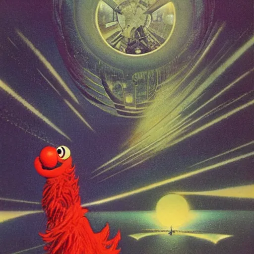 Image similar to elmo in the style of a 7 0 s science fiction novel cover, highly detailed, bruce pennington, peter jones