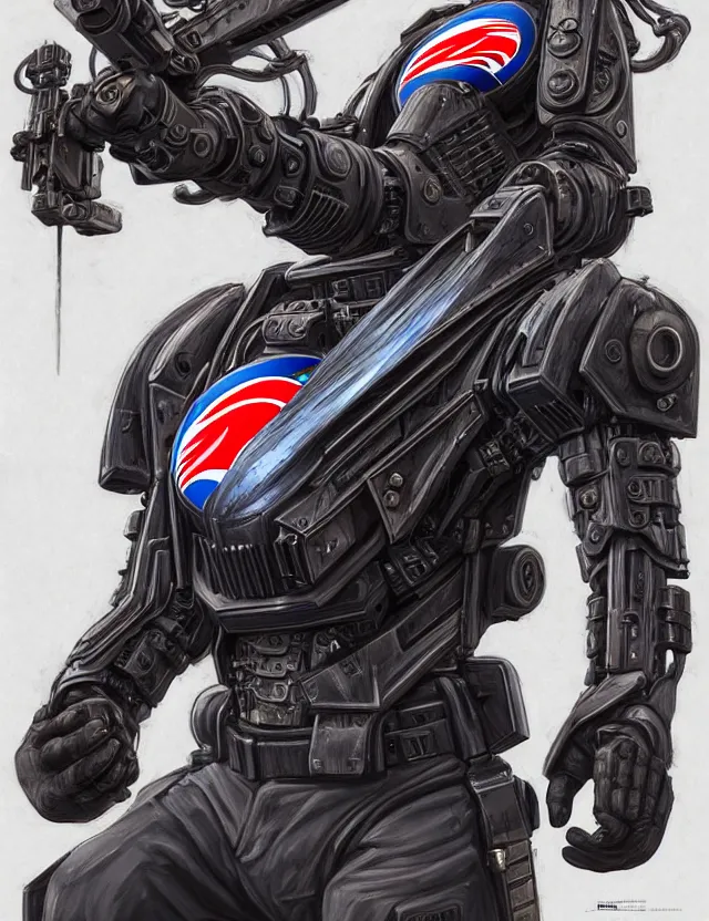 Image similar to a portrait of a tactical exoskeleton with miniguns painted with the pepsi logo, by moebius and tyler edlin and hr giger, trending on artstation, digital art, 4 k resolution, detailed, high quality, sharp focus, hq artwork, coherent, insane detail, concept art