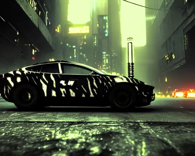 Prompt: film still from blade runner, closeup of cyberpunk tesla with a black and white zebra camouflage police wrap, global illumination, volumetric lighting