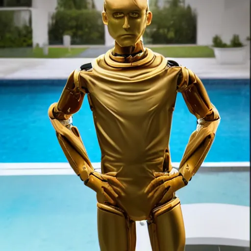 Image similar to a realistic detailed photo of a guy who is an attractive humanoid who is half robot and half humanoid, who is a male android, soccer player martin ødegaard, shiny skin, posing like a statue, blank stare, by the pool, on display, showing off his muscles, humanoid robot, transparent sculpture