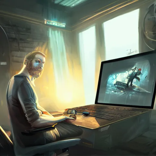 Image similar to realistic rich man using laptop in gaming room, money on floor, artstation trends, sci fi concept art, highly detailed, intricate, sharp focus, digital art, 8 k