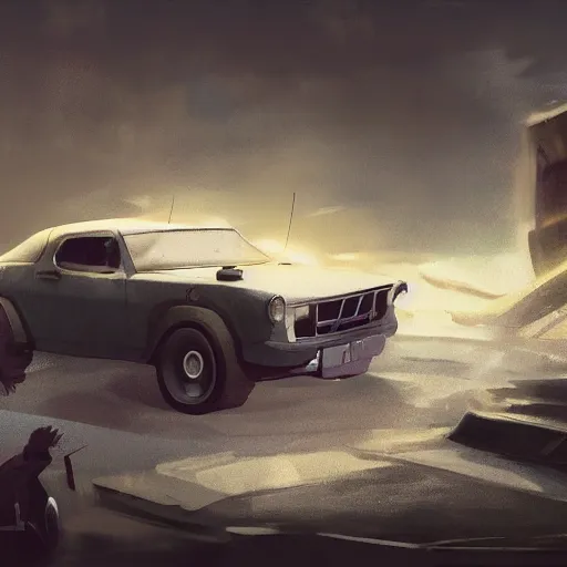 Image similar to rocky lifting a car, matte painting, art concept, unreal engine, by aenaluck, digital painting, artstation, concept art, smooth, sharp focus ilustration hq