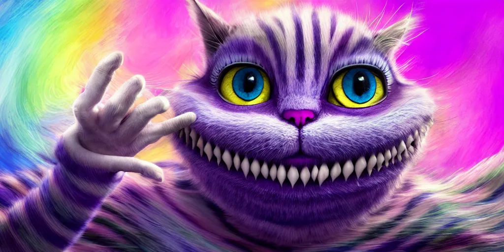 Image similar to The Cheshire Cat, Alice in wonderland, colorful, wide angle, super highly detailed, professional digital painting, artstation, concept art, smooth, sharp focus, no blur, no dof, extreme illustration, Unreal Engine 5, Photorealism, HD quality, 8k resolution, cinema 4d, 3D, beautiful, cinematic, art by artgerm and greg rutkowski and alphonse mucha and loish and WLOP