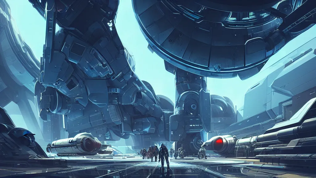 Image similar to spaceport at the other end of the universe, metal framed portal, sharp digital painting. retrofuturism. hyperrealistic. concept art. artstation. giant robot mecha. akihiko yoshida jim burns. brian sum. wormhole. spacetime. spaceship. space craft. robots