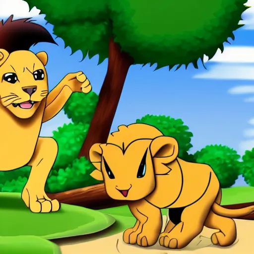 Prompt: Lion in the jungle cartoon pokemon style