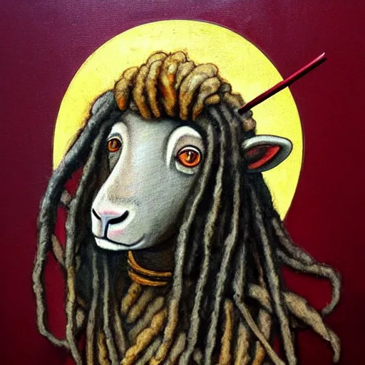 Prompt: a beautiful medieval art style painting of a Rastafarian sheep with dreadlocks and a blunt, trending on artstation