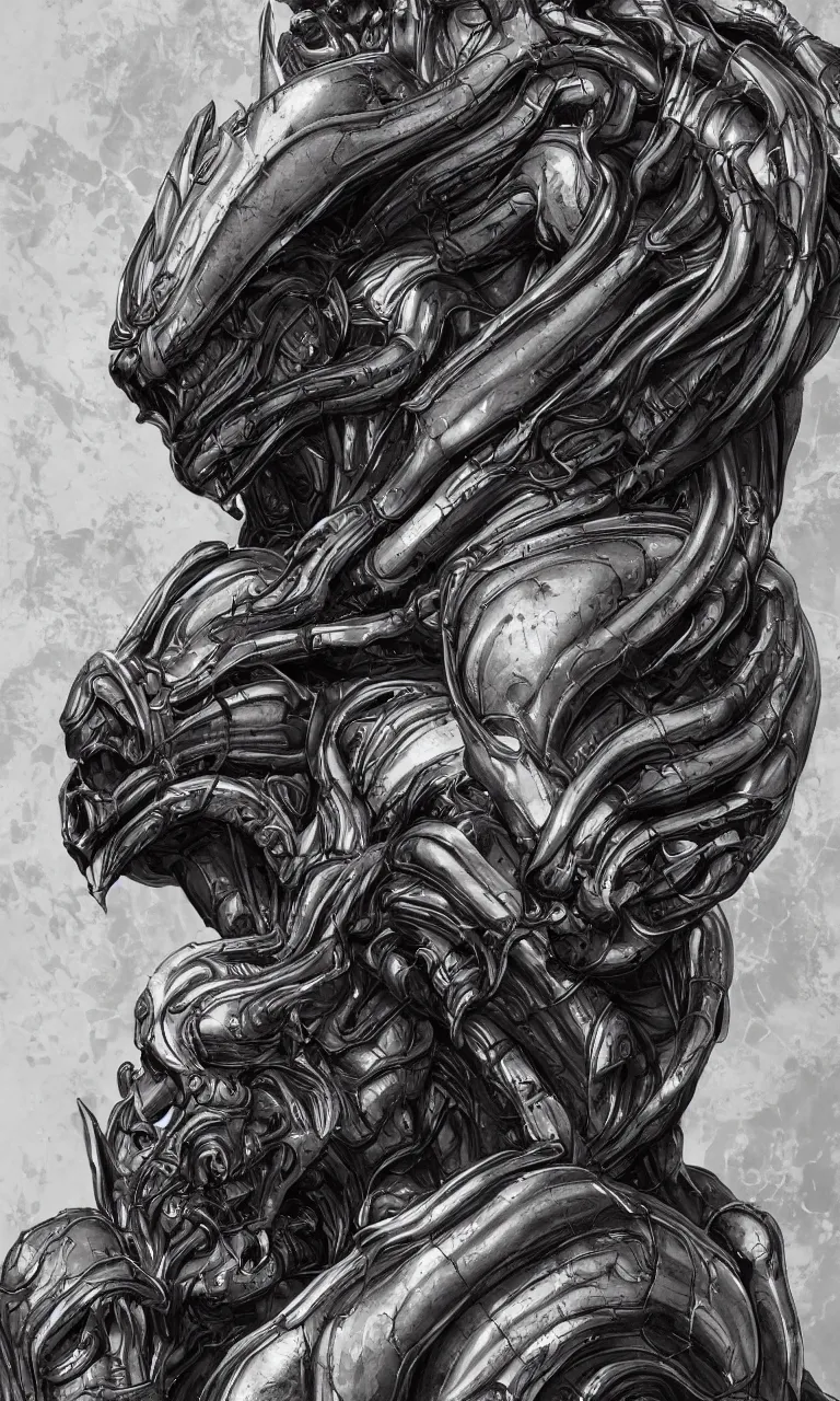 Image similar to engineer prometheus face by Artgerm, xenomorph alien, highly detailed, symmetrical long head, smooth marble surfaces, detailed ink illustration, raiden metal gear, cinematic smooth stone, deep aesthetic, concept art, post process, 4k, carved marble texture and silk cloth, latex skin, highly ornate intricate details, prometheus, evil, moody lighting, hr geiger, hayao miyazaki, indsutrial Steampunk