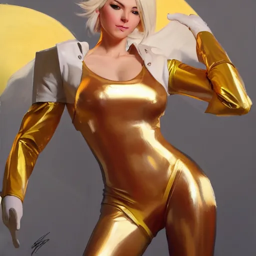 Image similar to greg manchess portrait painting of female wearing a latex suit as mercy from overwatch, medium shot, organic painting, sunny day, matte painting, bold shapes, hard edges, street art, trending on artstation, by huang guangjian and gil elvgren and sachin teng