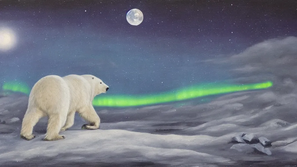 Image similar to an oil painting of a polar bear traversing a snowy landscape at night, the northern lights and the moon are visible