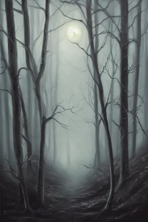 Image similar to dark and spooky woods. atmospheric, foggy, oil painting on canvas. fairytale with a wolf with glowing white eyes