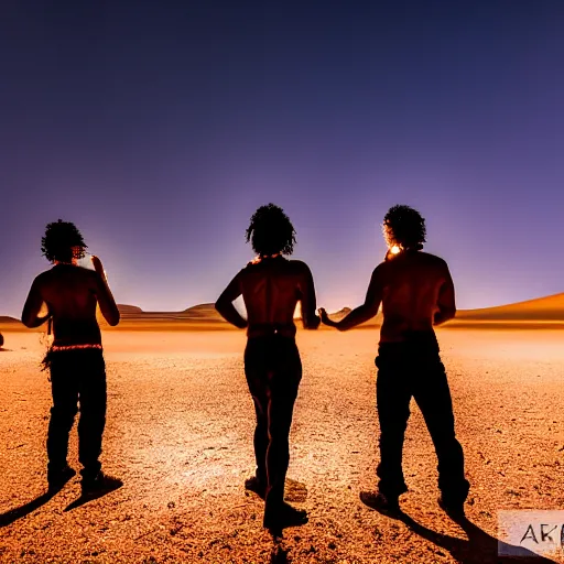 Image similar to photograph of three ravers photographed from behind, talking around a fire, photorealistic, dancefloor kismet, diverse costumes, clean composition, desert transition area, bonfire, night, australian desert, xf iq 4, symmetry, sony a 7 r, 1 5 0 mp, 5 0 mm