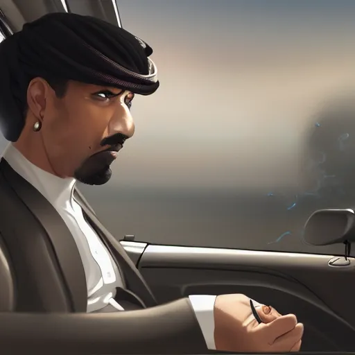 Image similar to saudi arab man smoking inside a car, highly detailed, elegant, sharp focus, anime, digital art, in the style of greg rutkowski and craig mullins 4 k