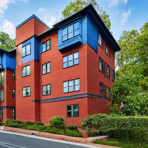 Prompt: tall 4 story house with blue wooden facade with dark red bricks on the roof in a valley