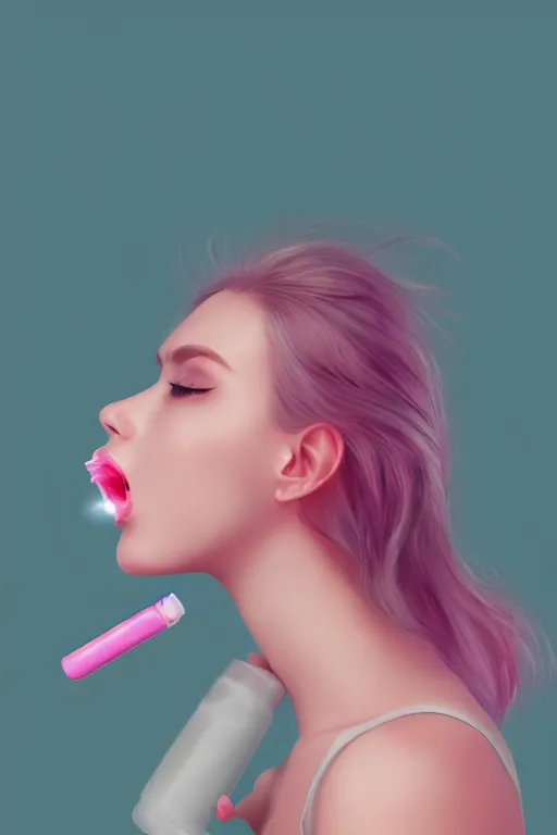 Image similar to Beautiful, Cute Woman Breathing Through a Handheld Pink Vapor Inhaler in her Mouth, side view, fantasy, magic, ultra detailed, digital art, trending on artstation, illustration