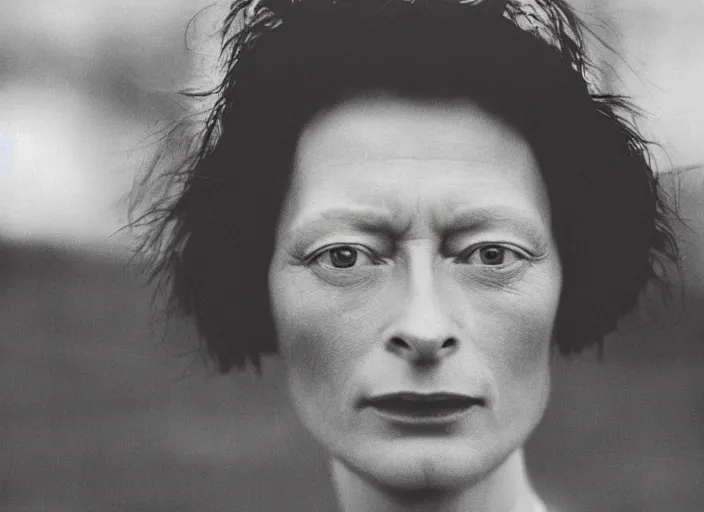 Image similar to professional fine detailed photo portrait of young tilda swinton from makhachkala, dagestan. kid tilda swinton in the postsoviet suburbia, iphone photo, instagram, black and white - - cfg _ scale 7