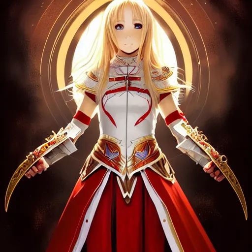 Image similar to Asuna Yuuki, Portrait of a girl with blonde hair wearing a partial paladin armor with a red skirt and white top, face, fantasy, intricate, elegant, highly detailed, digital painting, artstation, concept art, smooth, sharp focus, illustration, art by Fernanda Suarez and Artem Demura and alphonse mucha