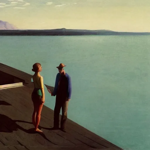 Image similar to A beautiful land art of a man and a woman are standing on a dock, looking out at a body of water. The woman has her hand on the man's shoulder, and they appear to be deep in conversation. The colors in the land art are muted, and the scene has a calming feeling. by Edward Hopper subtle