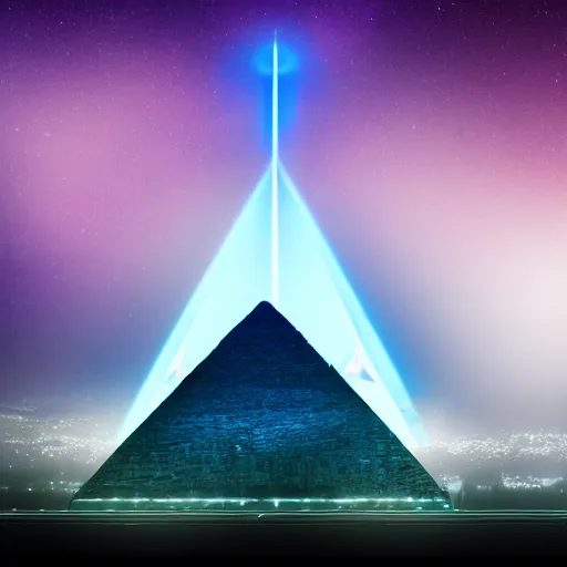 Image similar to big pyramid with blue glow lights and huge spaceship in sky, fog in background, realistic, 2 0 mm cinematic looking, drama, scary