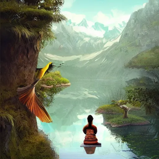 Image similar to Fusion of human and bird, wearing Inka clothes, sitting at a pond, mountainous area, trees in the background, oil painting, by Fernanda Suarez and Greg Rutkowski