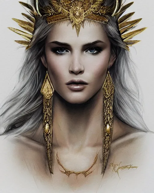 Image similar to tattoo design sketch of hot blonde super model as aphrodite greek goddess wearing a gold laurel wreath and triangle earrings, beautiful piercing gaze with sharp pupils, in the style of greg rutkowski, fantasy, amazing detail, epic, elegant, smooth, sharp focus, front view