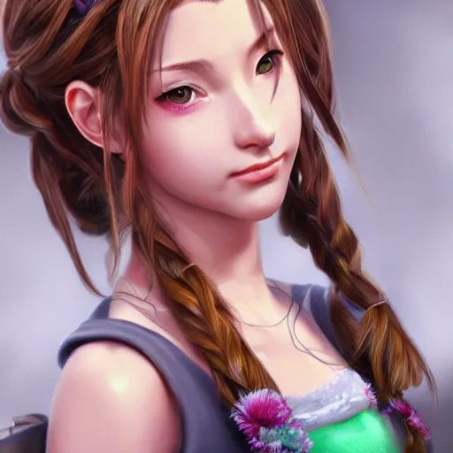 Image similar to realistic concept art of aerith gainsborough, highly detailed, trending on artstation