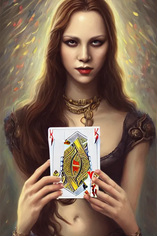 Image similar to female magician holding playing cards, esp cards, tarot cards, crystall ball, realistic, modern, intricate, elegant, highly detailed, digital painting, artstation, concept art, addiction, chains, smooth, sharp focus, illustration, art by ilja repin