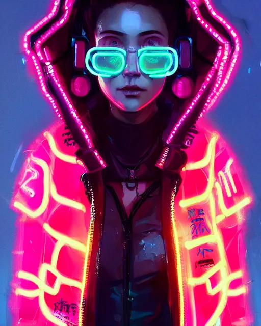 Image similar to detailed portrait Neon Operator Girl, cyberpunk futuristic neon, reflective puffy coat, decorated with traditional Japanese ornaments by Ismail inceoglu dragan bibin hans thoma greg rutkowski Alexandros Pyromallis Nekro Rene Maritte Illustrated, Perfect face, fine details, realistic shaded, fine-face, pretty face