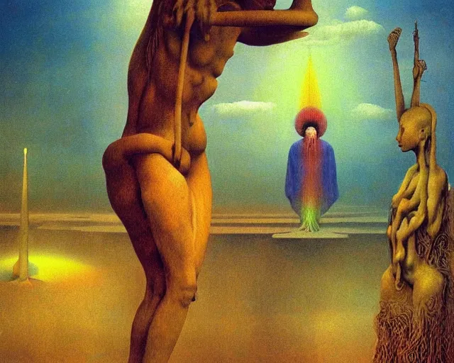 Image similar to praying to ancient gods of transitioning by beksinski, carrington, bosch, dali, barlowe, magritte, pagan bright multirainbow colors